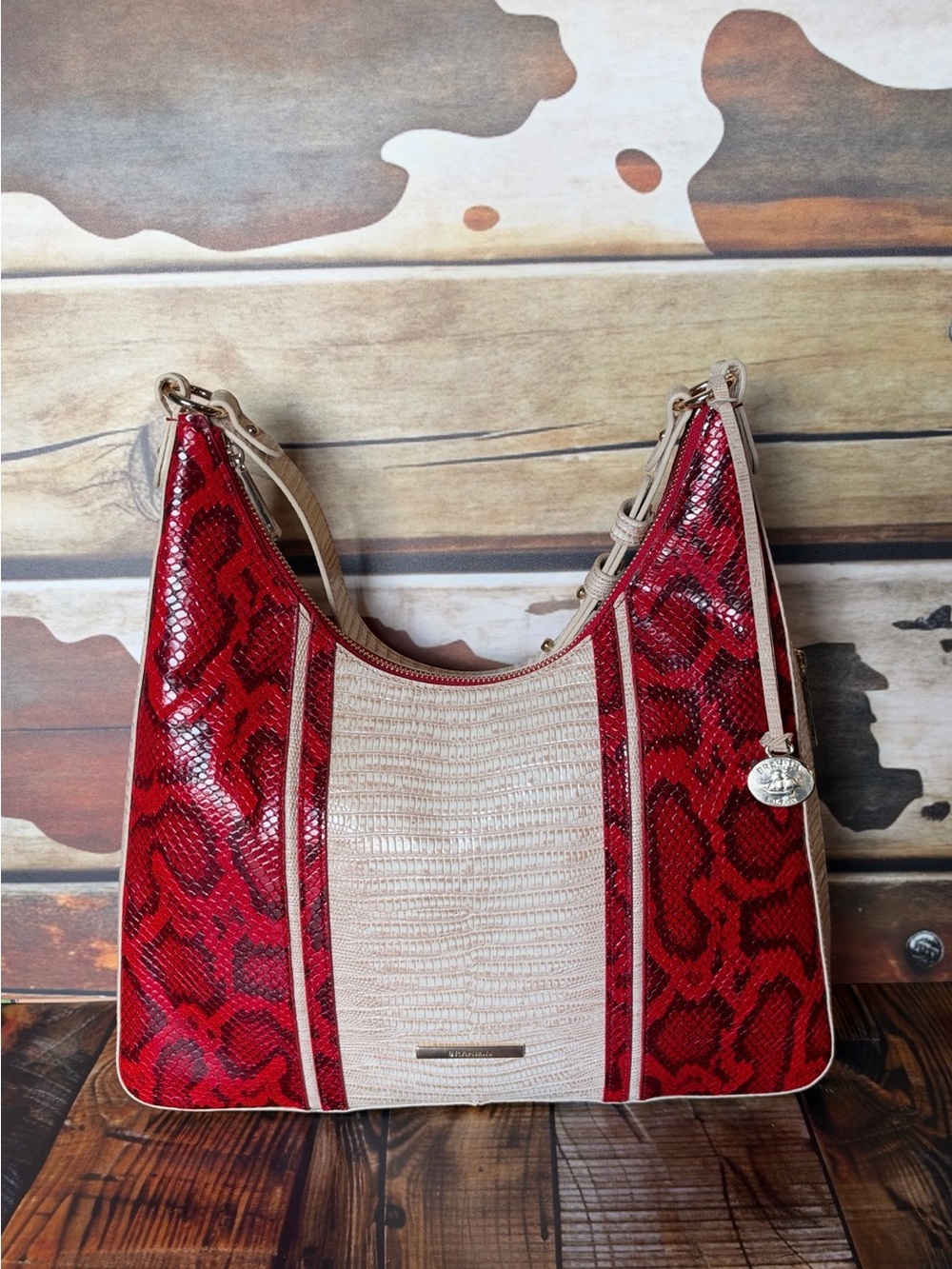 Firm > Brahmin Tabitha Salsa Braga Red snake Embossed Leather Shoulder NWT $355